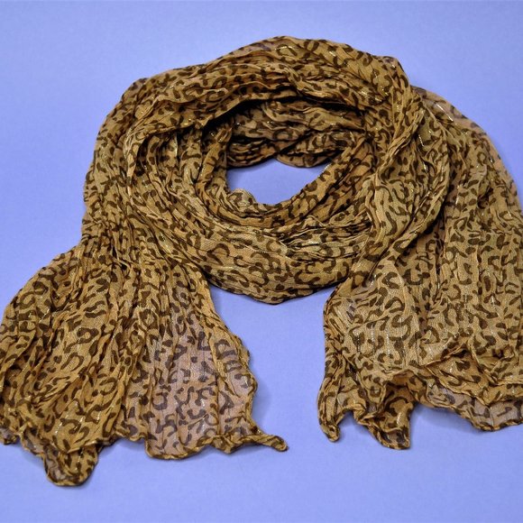Silky Sheer Brown Leopard Scarf with thin Gold Foil Stripes - Picture 2 of 4